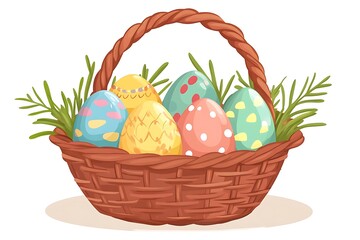 Colorful Easter basket filled with painted eggs, set against a clean white background. Flat style illustration featuring playful cartoon character design.