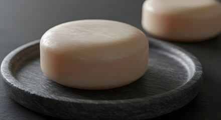 Round Pale Cheese Wheel On Dark Stone Plate