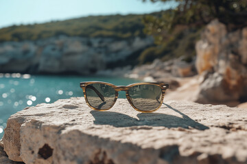 A pair of modern, stylish sunglasses rests on a smooth outdoor surface, such as stone or light wood, under direct sunlight