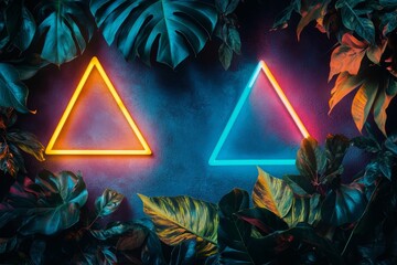Vibrant tropical plants with neon triangles on dark background a stunning nature aesthetic display