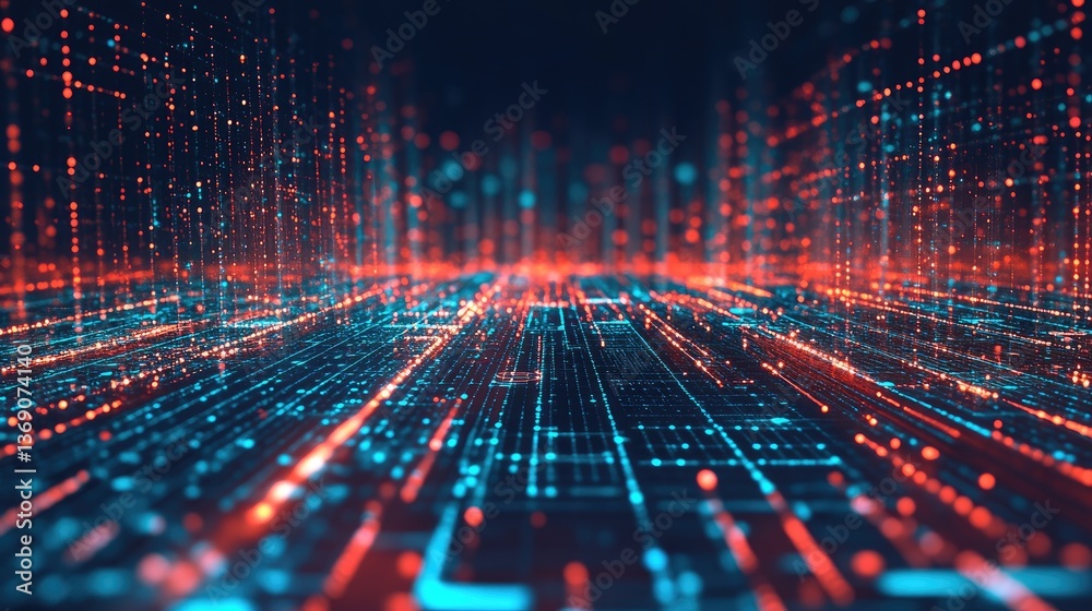 Poster technology-driven business innovation concept with abstract glowing graphs and analytics.