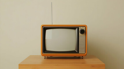Retro Orange Television On Light Brown Wooden Table