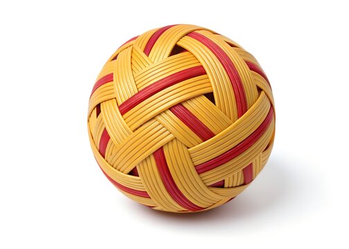 Sepak Takraw Ball: Close-up of a woven sepak takraw ball, a key element in this dynamic sport, meticulously crafted with intricate patterns in vibrant colors