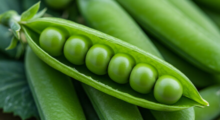 A vibrant, plump pea pod bursting with juicy, sweet peas, showcasing nature's bounty in rich, verdant hues.