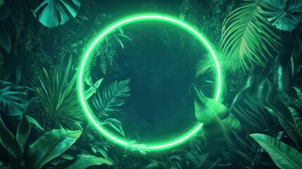 Round neon frame with tropical foliage, dark background. Bright green light glows around plants. Futuristic, exotic style. Perfect for club posters, banners, advertising. Tropical plants. Rich