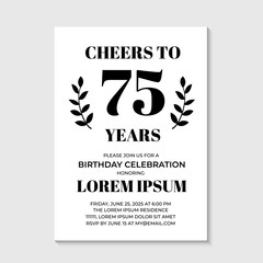 75th Birthday or Anniversary invitation card. Birthday Party invite. Cheers to 75 years. Vector template.
