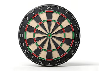 Obraz premium Bullseye Precision: A close-up shot of a dartboard with its segmented sections and radial lines, ready for the next round of aim and strategy. The classic design is crisp and detailed.