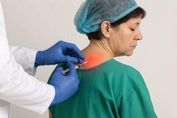 A doctor is administering a trigger point injection (TPI) into a woman's upper back near the neck area.