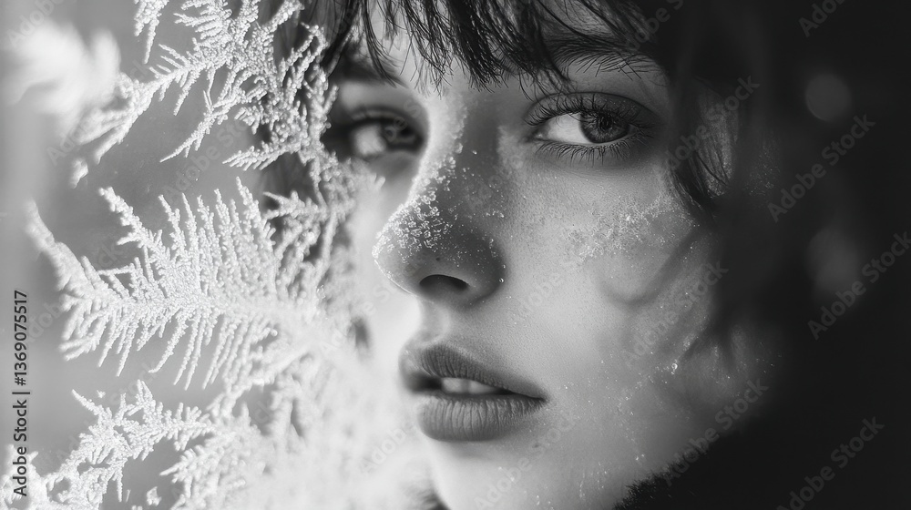 Poster Intricate frost patterns on a window creating a delicate tapestry of ice during a cold winter morning