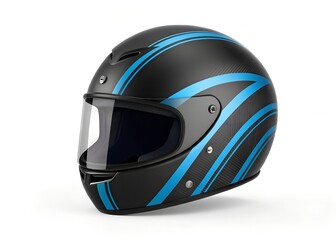 Fototapeta premium Safety in Style: A close-up shot of a sleek, modern motorcycle helmet, painted in a dark base color with eye-catching blue accent stripes, symbolizing safety and speed.