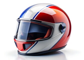 A Racing Helmet's Detailed: An eye-level shot of a racing helmet, showing its intricate design with vibrant red, white, and blue color scheme, emphasizing safety and speed.