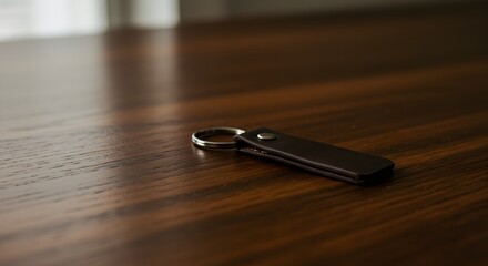 Wooden Table with Silver Keychain and Wooden Background