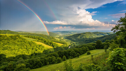 Fototapeta premium rainbow, hills, green, landscape, nature, valley, scenic, beauty, vibrant, countryside, peaceful, clouds, blue, lush, meadow, view, breathtaking, rolling, grassland, outdoor, serene, travel, adventure