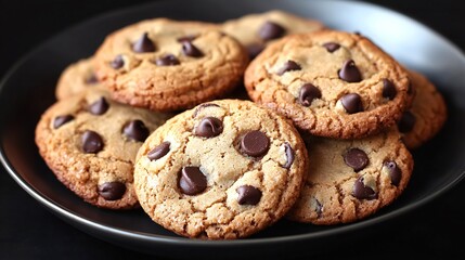 Delicious Homemade Chocolate Chip Cookies on a Dark Plate A Close Up Shot of Sweet Treats Perfect for Baking Blogs or Recipe Websites