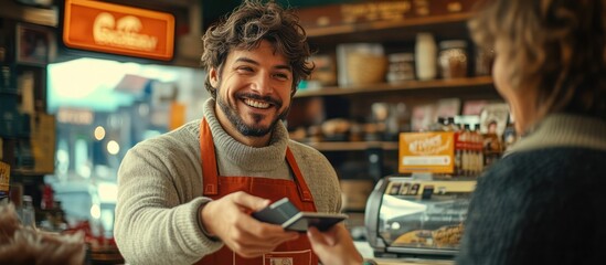 Happy shop owner taking card payment