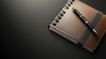 Notebook and pen on a black background, ready for writing or planning.