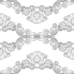 Seamless pattern with richly decorated baroque style elements. Engraved damask texture, vintage background. Vector illustration monochrome color. Repetitive wallpaper for fabric, packaging, invitation
