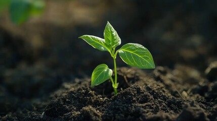 Fototapeta premium Close up of a small plant sprouting from the soil in a sunlit garden.