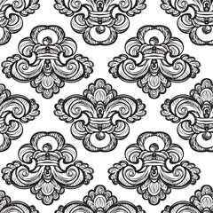 Seamless pattern with richly decorated baroque style elements. Engraved damask texture, vintage background. Vector illustration monochrome color. Repetitive wallpaper for fabric, packaging, invitation