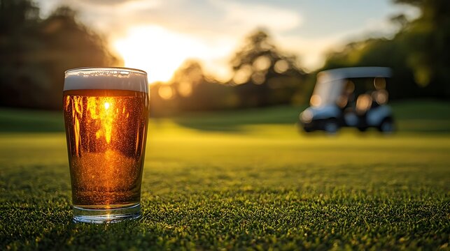 A glass of beer on a golf course at golden hour, with a golf cart in the background, captured in crisp detail and warm lighting.