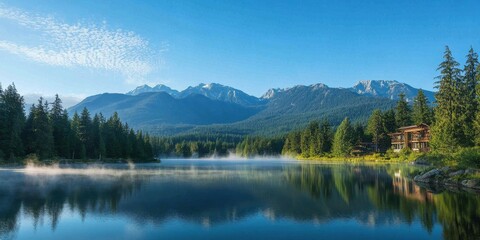 A serene lake surrounded by mountains and trees under a clear blue sky.