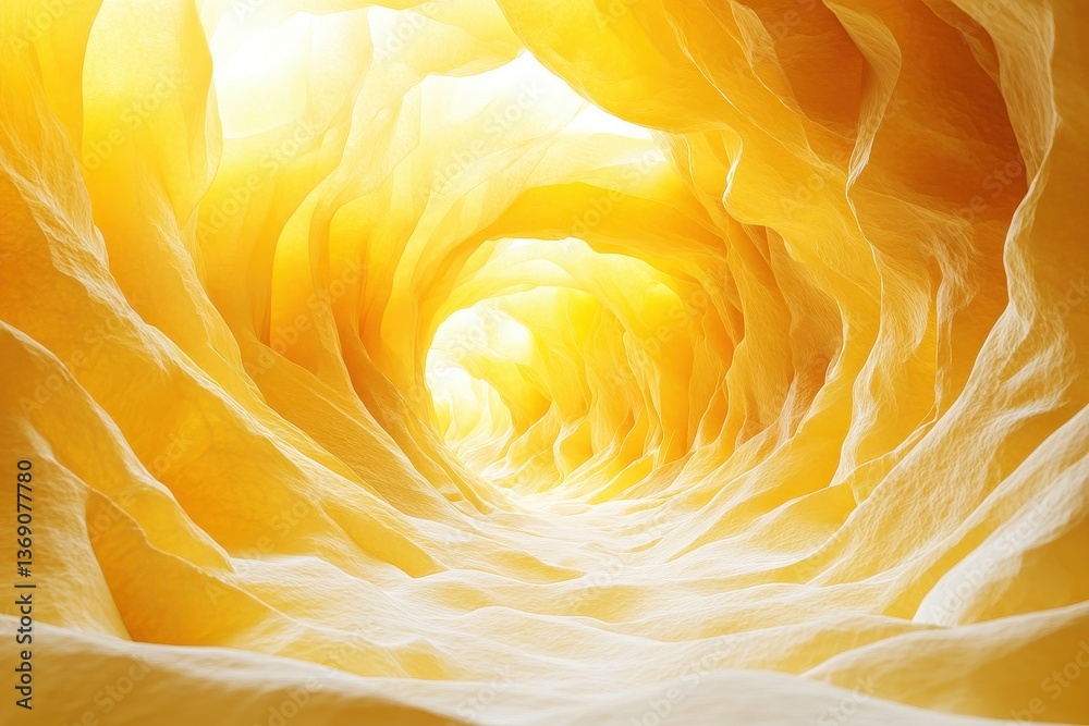 Poster Vibrant yellow fabric swirls create an abstract tunnel effect with soft light illuminating the flowing textures from above