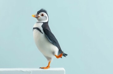 A puffin stands on one foot against a pale blue background. It features a distinctive black and white body, orange beak, and vibrant orange feet. The bird appears alert and playful.