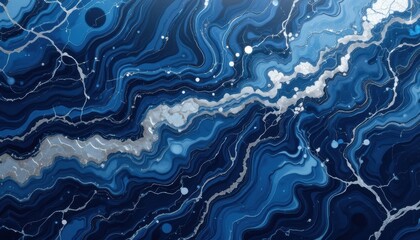 Abstract Marble Art Deep Blue & Silver Swirls, Shimmering Veins, Smooth Texture