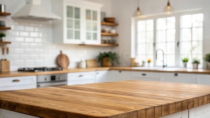 Fototapeta premium Wood table top on blur kitchen counter room background, for montage product display or design key visual layout, template