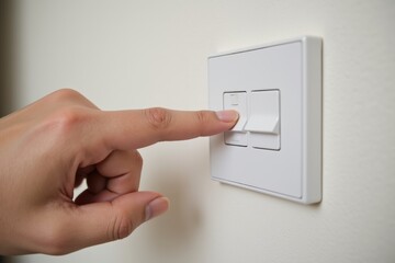 A Close-Up of a Hand Pressing a Light Switch on a Neutral Wall in a Modern Interior Environment