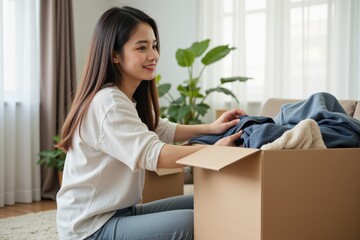 A Young Asian Woman Unpacking Clothes from a Cardboard Box in a Bright Living Room with Green Plants and Natural Light