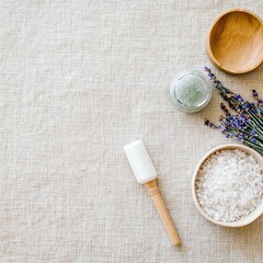 Fototapeta premium flat lay of natural skincare products with lavender, jade roller, and bath salt on soft linen fabric, calming wellness vibe