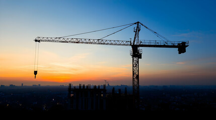 Silhouette Crane Against Sunset City Skyline