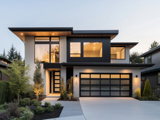 Modern Luxury Home Exterior at Dusk Showcasing Contemporary Architecture and Elegant Landscaping
