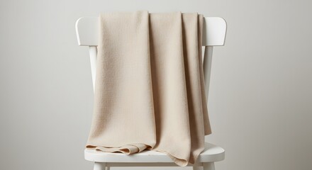 Beige Knitted Blanket Draped Over White Wooden Chair