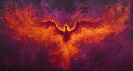 Fototapeta premium A fiery bird with wings outstretched against a dark background