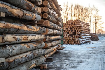 Wooden planks stacked neatly in a lumber warehouse, showing varying grain and texture