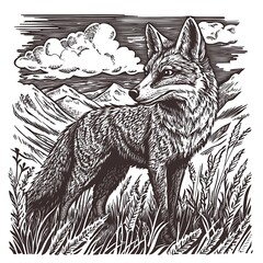 Fototapeta premium Vintage woodcut illustration of a detailed fox in the mountains, surrounded by clouds and grass, in black ink line art on a white background, resembling a linocut or engraving.