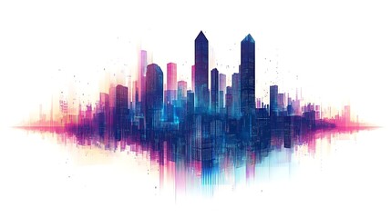 Obraz premium Futuristic cyberpunk city with glitch effects and pixel art textures, isolated on white. Abstract digital design ideal for modern, tech-inspired projects.