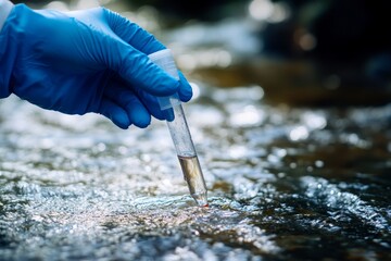 Environmental scientist collecting river water sample with blue gloved hand and test tube close up