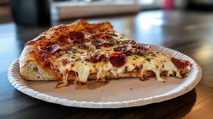 A giant slice of New York-style pizza with a thin, crispy crust, gooey melted cheese, and pepperoni, served on a paper plate