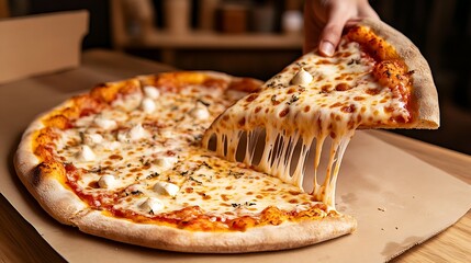 A person holding a large pizza slice, cheese stretching