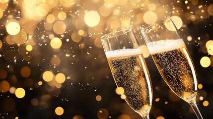 new year celebration with fireworks, champagne glasses clinking, confetti and golden sparkle, exciting midnight moment