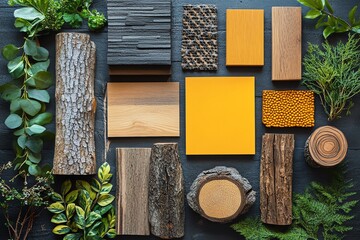 Wood and material samples creating a natural interior design mood board
