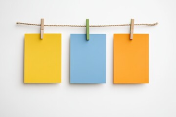 Colorful yellow, blue, and orange paper strips hanging on a rope against a white background