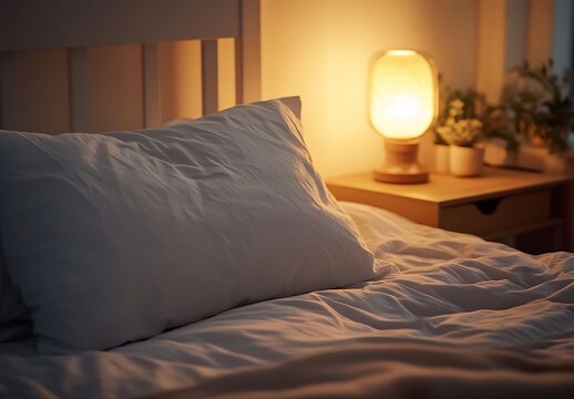 Cozy bedroom scene featuring a close-up of a white bed with a messy duvet and pillow, illuminated by warm lamp light on a wooden bedside table at night.