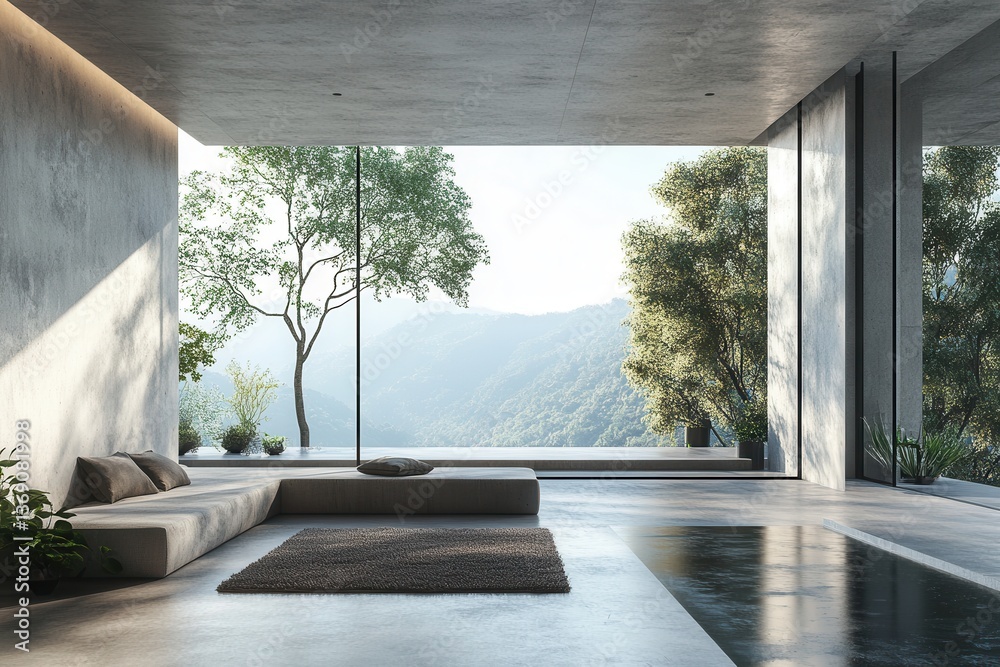 Poster modern minimalist interior with large windows offering nature views in a serene environment during d