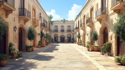 Sunlit Mediterranean Courtyard with Terracotta Buildings and Potted Plants