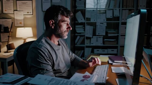 Professional typing on laptop, focused worker analyzing data, dark home workspace featuring bookcase, white screen display, scattered documents and graphs