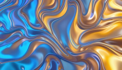 Obraz premium Abstract Holographic Background Shimmering Blue and Gold Liquid Swirls